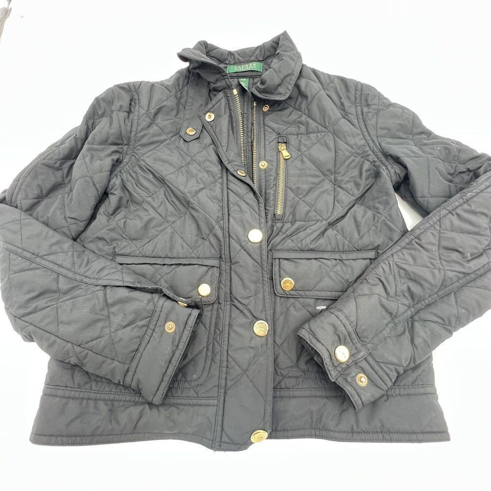 Ralph Lauren Women's Petite Quilted Black Jacket Full Zip Gold Zipper Buttons